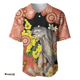 Australia Tawny Frogmouth Baseball Jersey Golden Wattle Banksia Aboriginal Art LT14