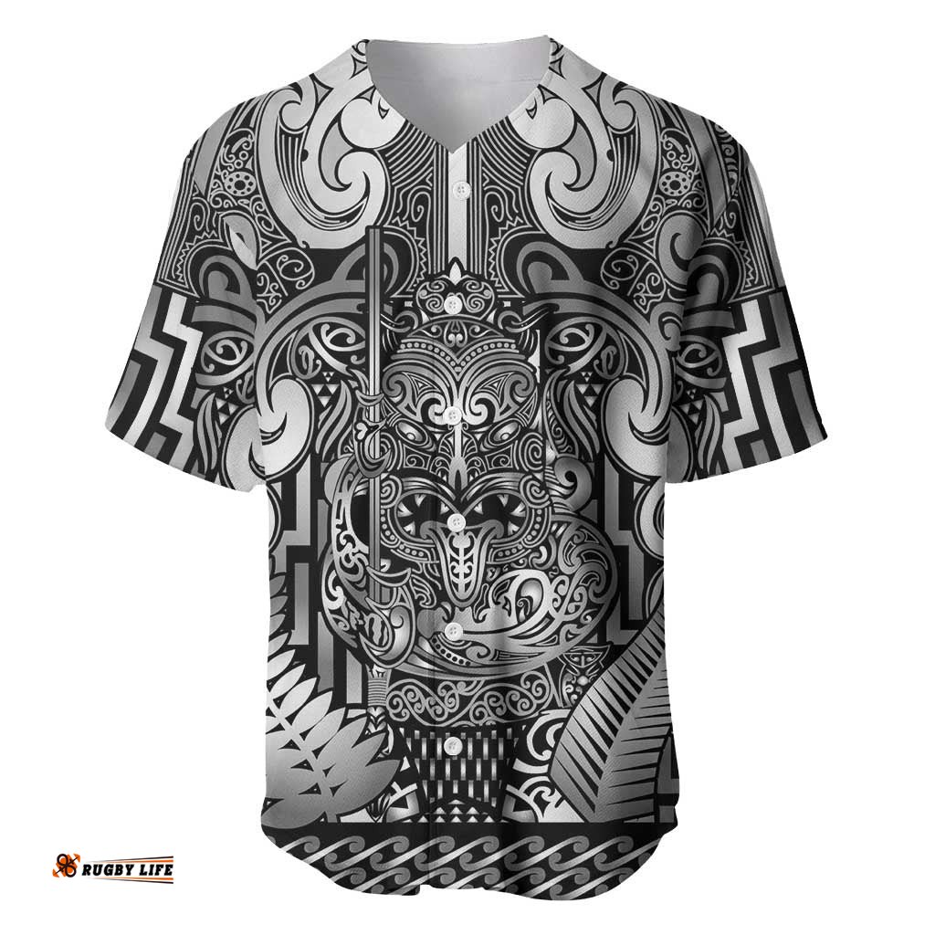 Custom New Zealand Taiaha Maori Baseball Jersey Kiwikiwi Minimalist Silver Fern Tukutuku Motif LT9