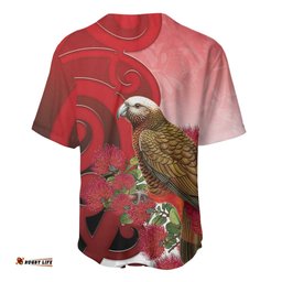 New Zealand Parrot Kaka Baseball Jersey Maori Koru With Pohutukawa Flowers LT05