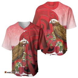 New Zealand Parrot Kaka Baseball Jersey Maori Koru With Pohutukawa Flowers LT05