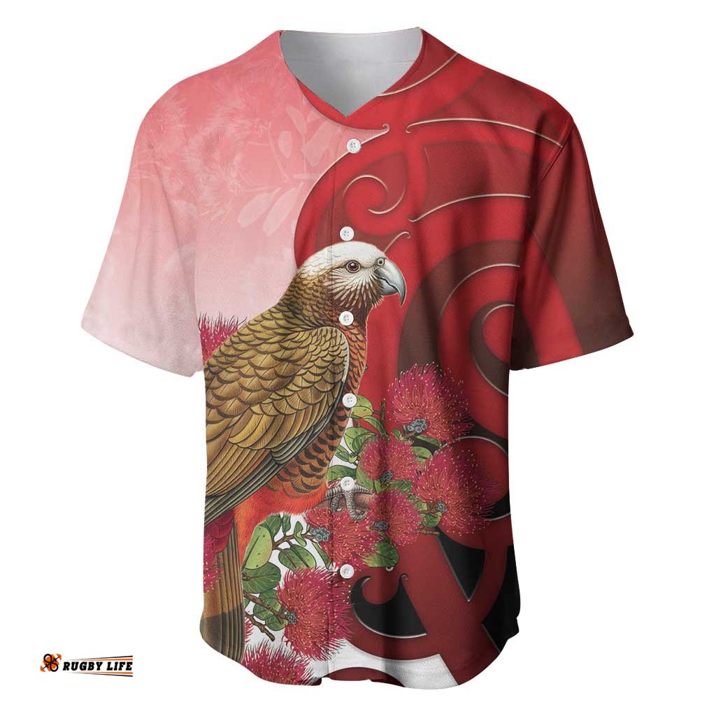 New Zealand Parrot Kaka Baseball Jersey Maori Koru With Pohutukawa Flowers LT05