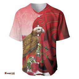 New Zealand Parrot Kaka Baseball Jersey Maori Koru With Pohutukawa Flowers LT05