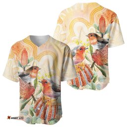 Australia Flame Robin Baseball Jersey Petroica Phoenicea Banksia Indigenous Art LT14