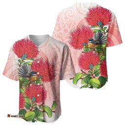 New Zealand Fantail Baseball Jersey Maori Koru With Pohutukawa Flowers LT05