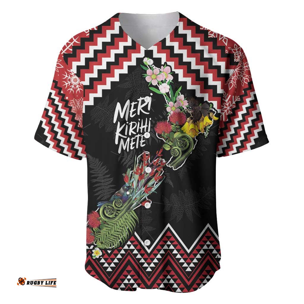 New Zealand Christmas Taniko Poutama Baseball Jersey Flora Map with Birds LT7
