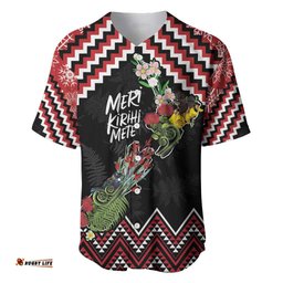 New Zealand Christmas Taniko Poutama Baseball Jersey Flora Map with Birds LT7