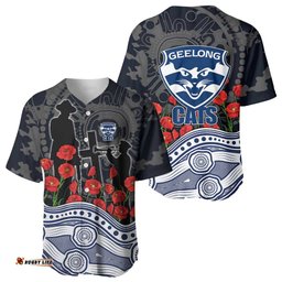Geelong Cats ANZAC Day Baseball Jersey Indigenous Dot Art with Poppy Flower Tribute TS04