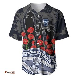 Geelong Cats ANZAC Day Baseball Jersey Indigenous Dot Art with Poppy Flower Tribute TS04