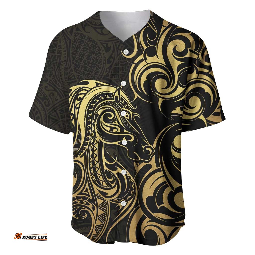 Gold And Black Aoteara Horse Racing Baseball Jersey NZ Maori Pattern LT14