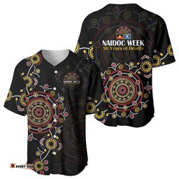 NAIDOC Deadly 50 Years Baseball Jersey Aboriginal Black Gold Boomerang Art LT9