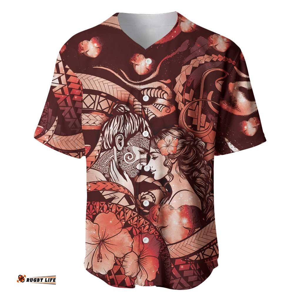 Personalised Maori Romantic Valentine Baseball Jersey The Hongi Kiss Red Galaxy DT05