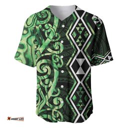 Green Aotearoa Baseball Jersey Taniko Motifs With Paua Shell Kowhaiwhai LT14