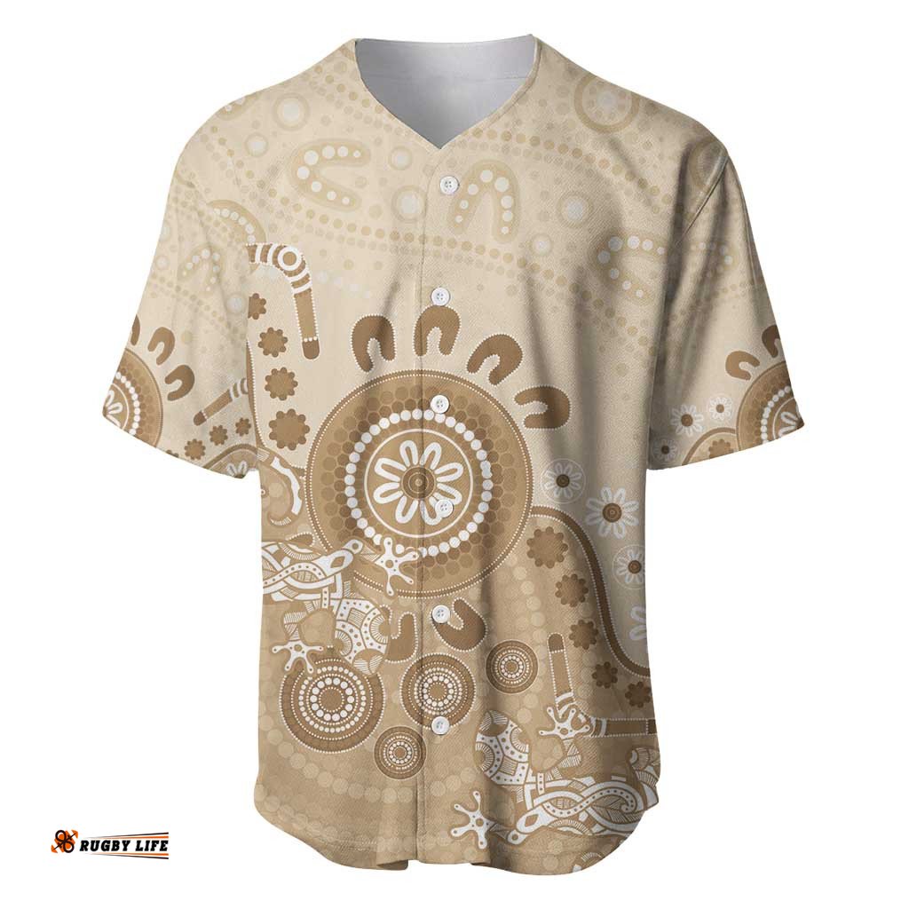Beige Lizards Australia Baseball Jersey Boomerang Indigenous Art LT14