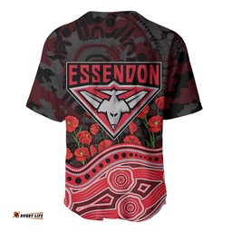 Essendon Bombers ANZAC Day Baseball Jersey Indigenous Dot Art with Poppy Flower Tribute TS04