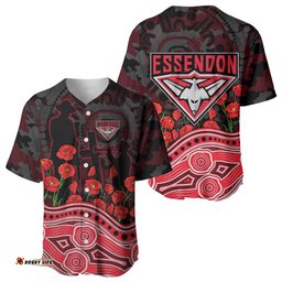 Essendon Bombers ANZAC Day Baseball Jersey Indigenous Dot Art with Poppy Flower Tribute TS04