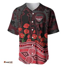 Essendon Bombers ANZAC Day Baseball Jersey Indigenous Dot Art with Poppy Flower Tribute TS04