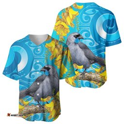 New Zealand Kokako Bird Baseball Jersey Maori Koru With Kowhai Flowers LT05