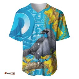 New Zealand Kokako Bird Baseball Jersey Maori Koru With Kowhai Flowers LT05