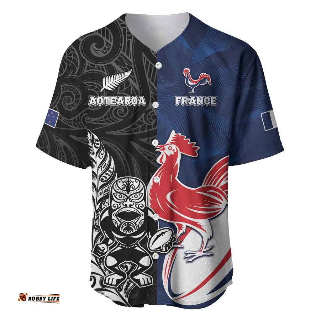 France And New Zealand Rugby Custom Baseball Jersey Les Bleus Rooster With Maori Tiki LT05