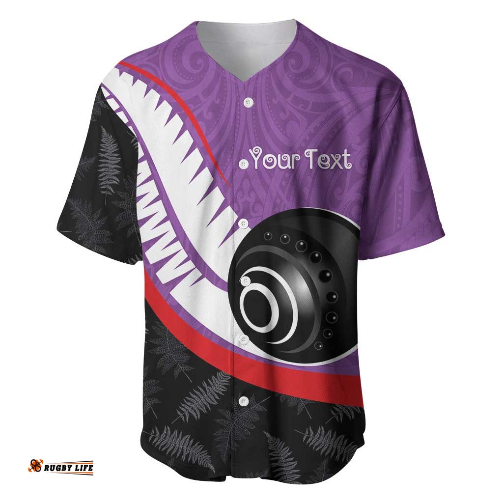 Personalised Aotearoa Lawn Bowls Baseball Jersey Maori and Silver Fern Sporty Style Purple Color LT03
