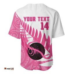 New Zealand Lawn Bowls Breast Cancer Custom Baseball Jersey Aotearoa Maori Silver Fern Pink Ribbon LT14