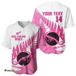 New Zealand Lawn Bowls Breast Cancer Custom Baseball Jersey Aotearoa Maori Silver Fern Pink Ribbon LT14