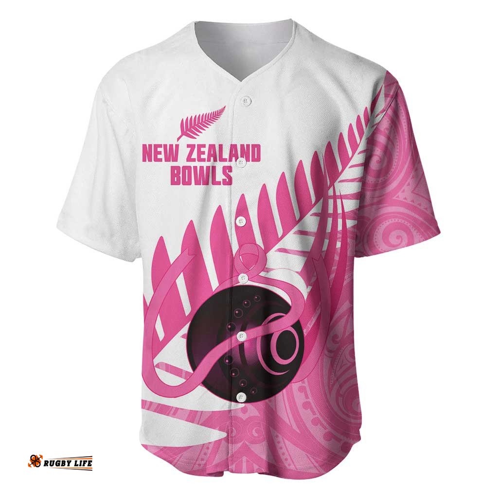 New Zealand Lawn Bowls Breast Cancer Custom Baseball Jersey Aotearoa Maori Silver Fern Pink Ribbon LT14