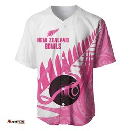 New Zealand Lawn Bowls Breast Cancer Custom Baseball Jersey Aotearoa Maori Silver Fern Pink Ribbon LT14