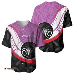 Personalised Aotearoa Lawn Bowls Baseball Jersey Maori and Silver Fern Sporty Style Pink Color LT03
