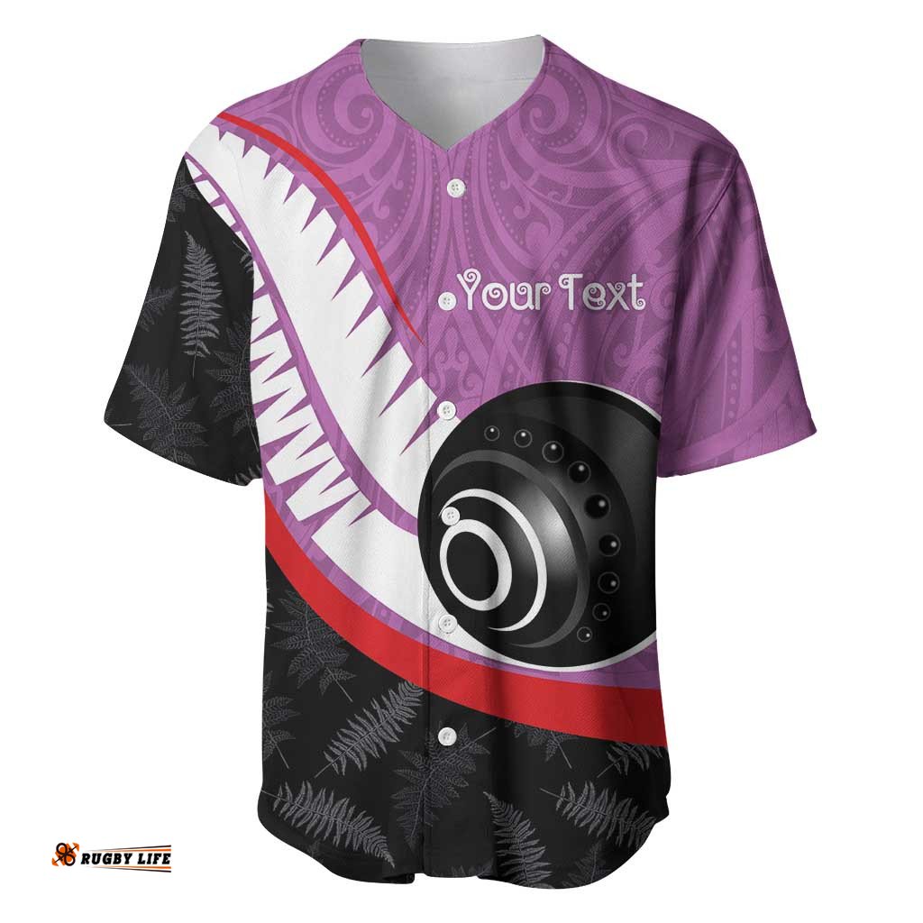 Personalised Aotearoa Lawn Bowls Baseball Jersey Maori and Silver Fern Sporty Style Pink Color LT03
