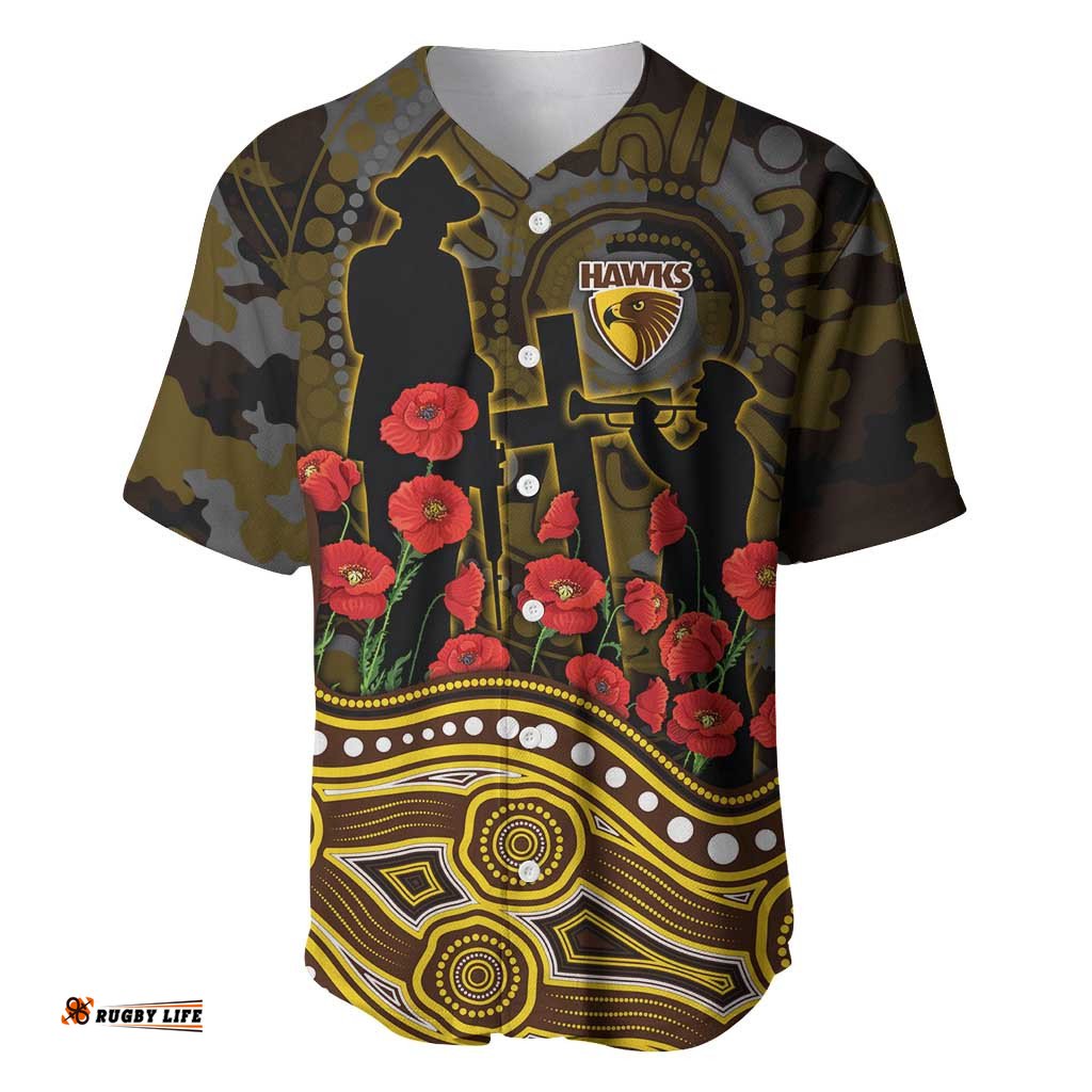 Hawthorn Hawks ANZAC Day Baseball Jersey Indigenous Dot Art with Poppy Flower Tribute TS04