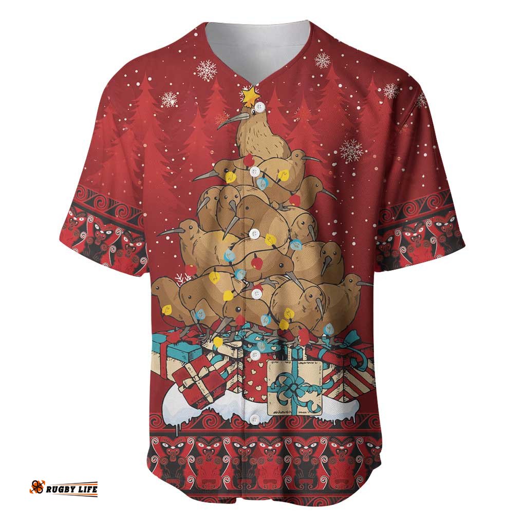 Funny Kiwi Bird Xmas Tree Baseball Jersey New Zealand Tribal Christmas Spirit LT9