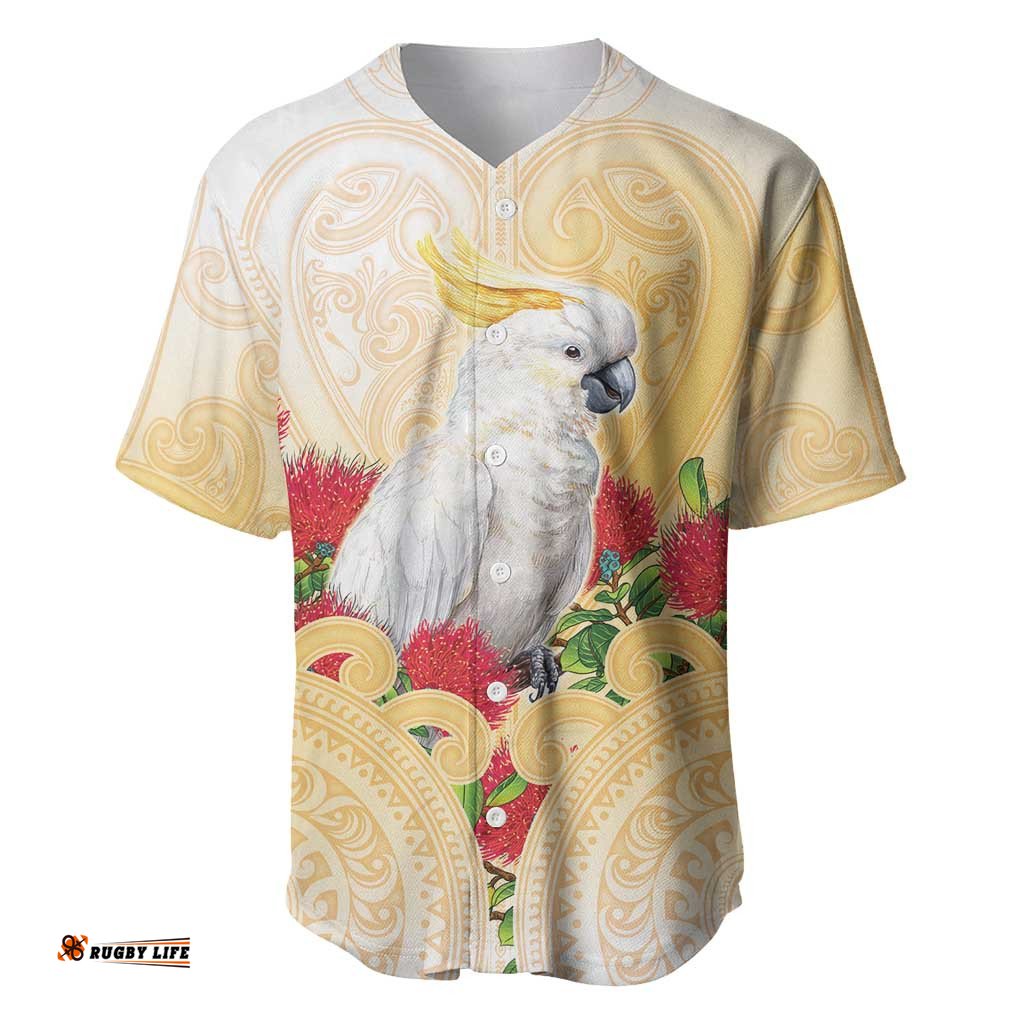 New Zealand Aotearoa Cockatoo Baseball Jersey Maori Pattern With Pohutukawa Flowers LT05
