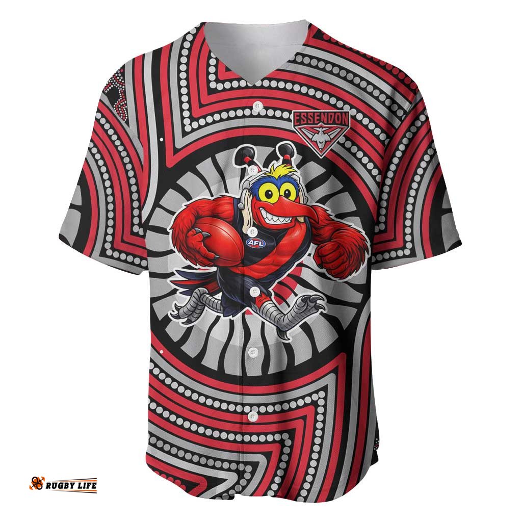 Essendon Football Club Baseball Jersey Indigenous Monochrome Dot Art Mascot Style TS04