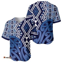 New Zealand Baseball Jersey Aotearoa Kowhaiwhai Mix Taniko Art - Blue LT14