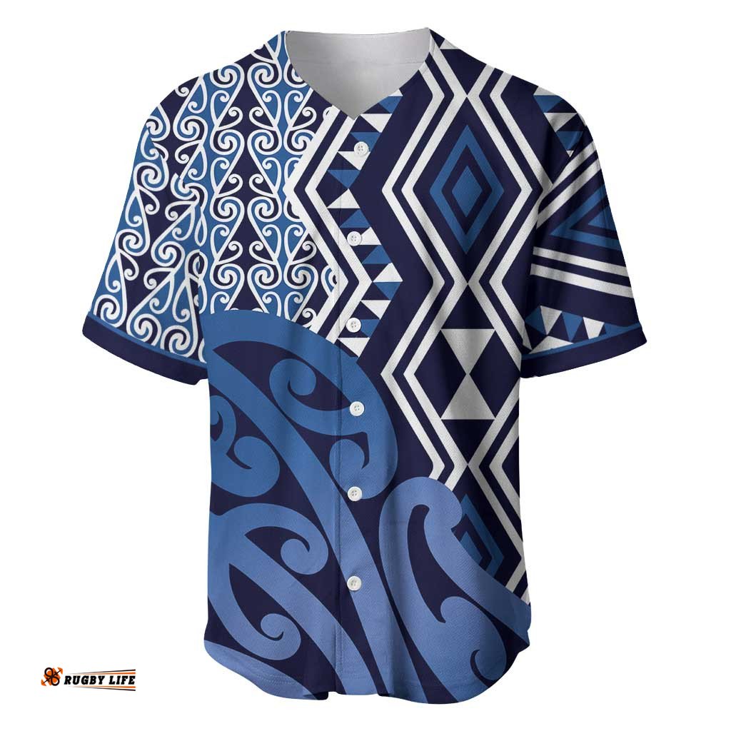 New Zealand Baseball Jersey Aotearoa Kowhaiwhai Mix Taniko Art - Blue LT14