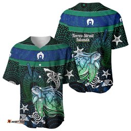 Torres Strait Islands Sea Turtle and Dhari Baseball Jersey Oceanic Indigenous Dotwork Tribal Illustration TS04