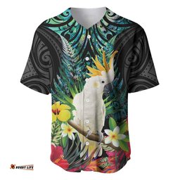 Sulphur-crested Cockatoo New Zealand Baseball Jersey Paua Shell Aotearoa Maori Tropical Flowers LT14