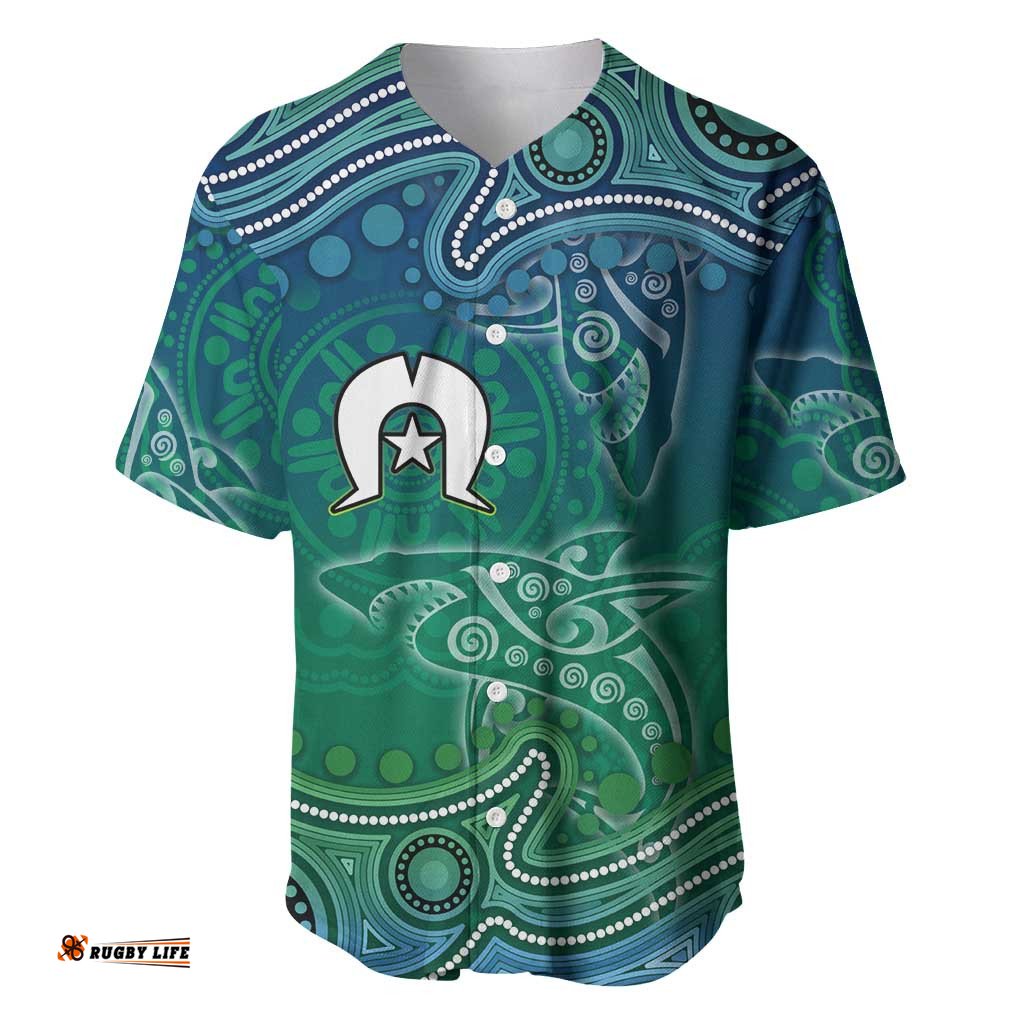 Torres Strait Islands Baseball Jersey Shark Indigenous Australian Tribal Dot Art TS04