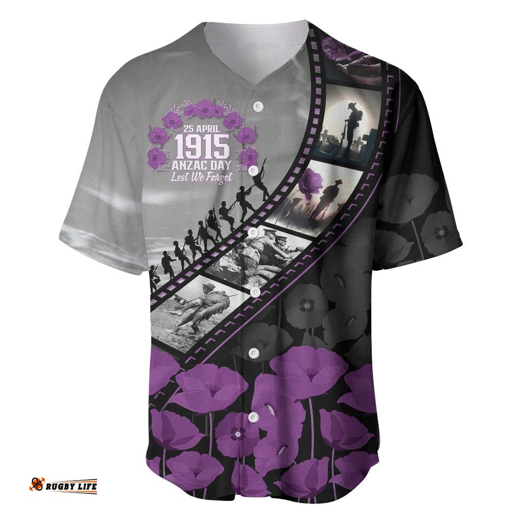 Personalised Remembering ANZAC Lest We Forget Baseball Jersey Vintage Film Frame Memorial Purple Poppy LT9