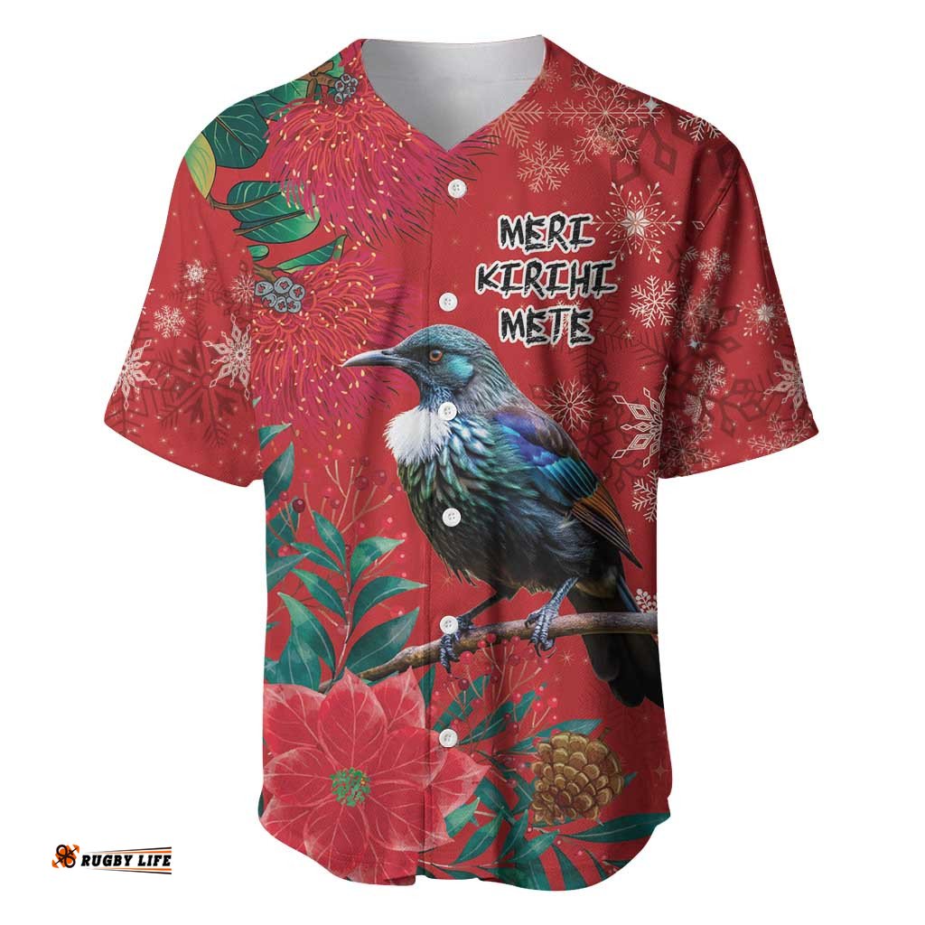 Tui Meri Kirihimete Personalised Baseball Jersey Pohutukawa Flowers Red Motif LT9