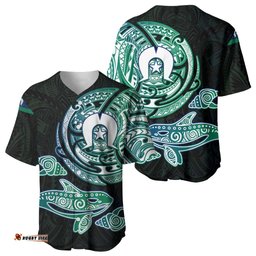 Whale and Dhari Torres Strait Islands Baseball Jersey Deep Green Oceanic Tribal Pattern Art TS04
