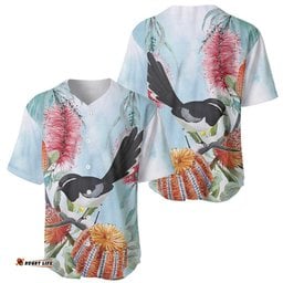 Willie wagtail Australia Baseball Jersey Banksia Bottlebrushes Watercolor Stylized LT14