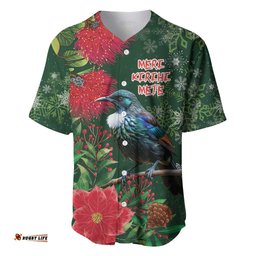 Tui Meri Kirihimete Personalised Baseball Jersey Pohutukawa Flowers Green Motif LT9