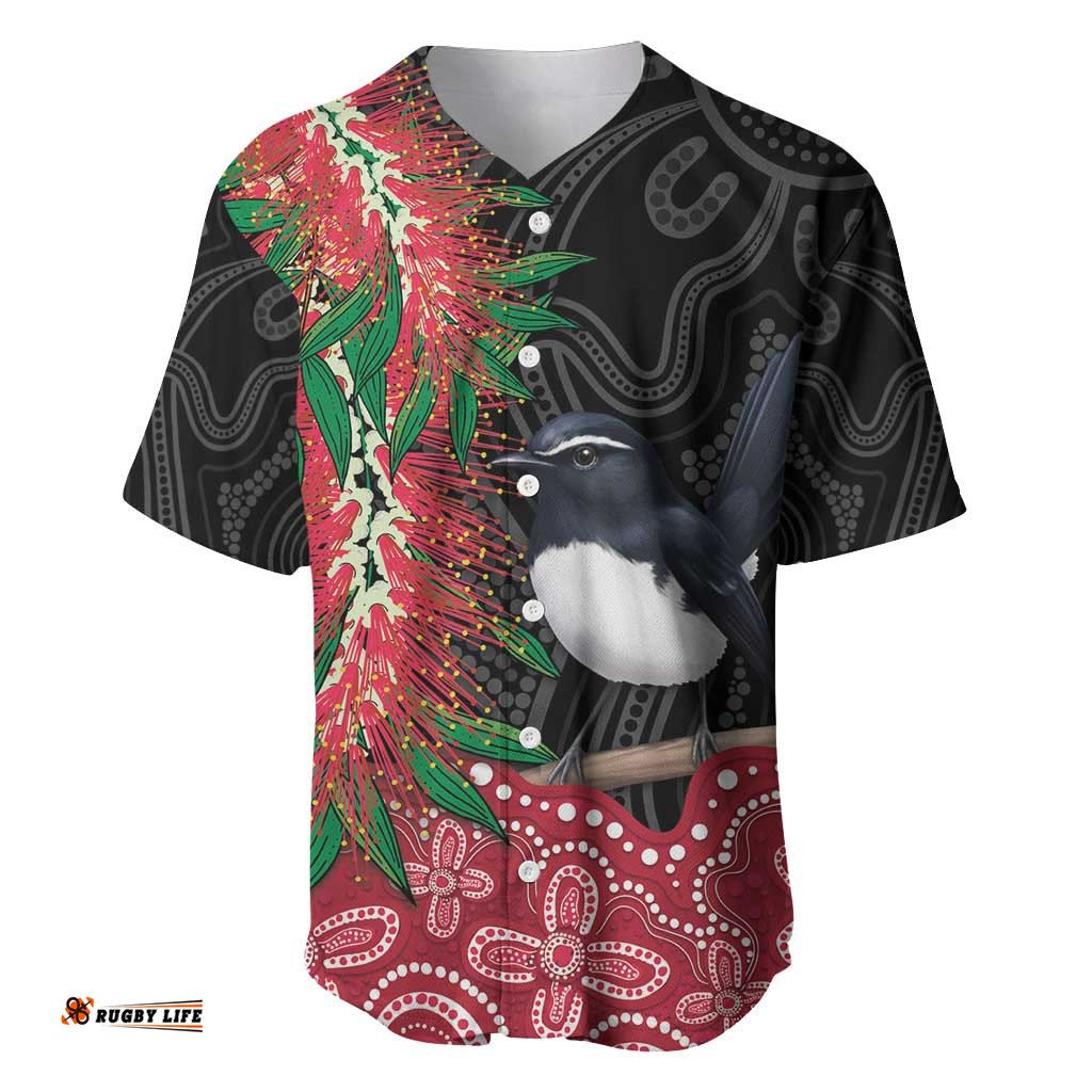 Willie wagtail Australia Baseball Jersey Aussie Bottlebrushes Aboriginal Art LT14