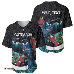 Personalised Valentine's Day New Zealand Baseball Jersey Tui Bird Couple Kowhaiwhai Mix Pohutukawa LT14