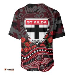 St Kilda Saints ANZAC Day Baseball Jersey Indigenous Dot Art with Poppy Flower Tribute TS04