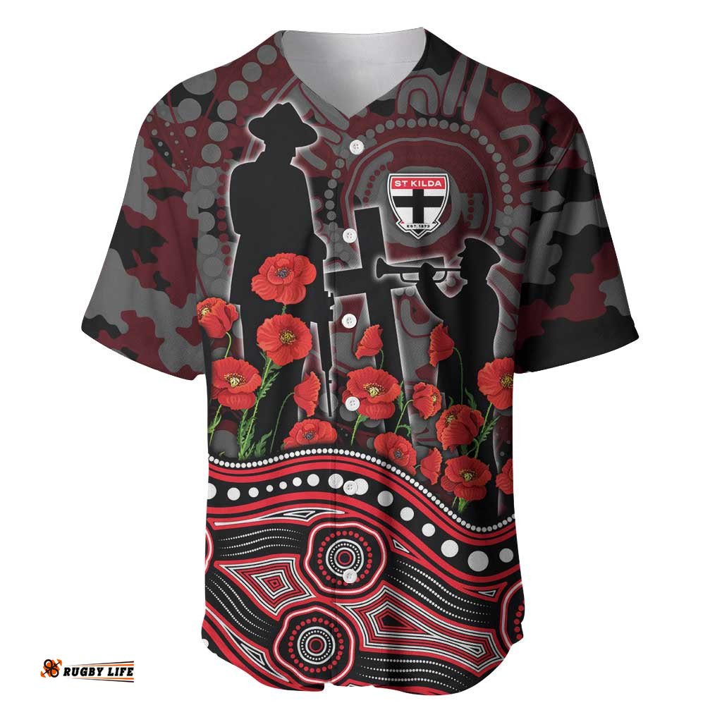 St Kilda Saints ANZAC Day Baseball Jersey Indigenous Dot Art with Poppy Flower Tribute TS04