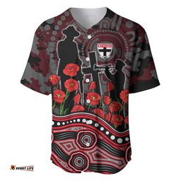 St Kilda Saints ANZAC Day Baseball Jersey Indigenous Dot Art with Poppy Flower Tribute TS04