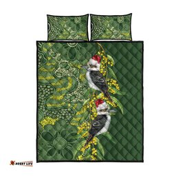 Aussie Kokaburra Golden Wattle Christmas Quilt Bed Set Aboriginal Dots Painting Green Motif LT9